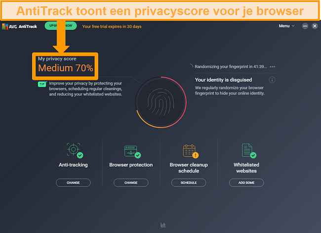 Schermafbeelding van de AVG AntiTrack-privacyscore voor webbrowser