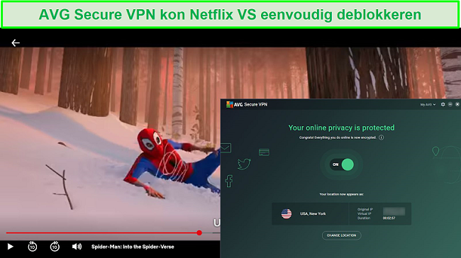 Screenshot van AVG SecureVPN waarmee Amerikaanse Netflix wordt gedeblokkeerd