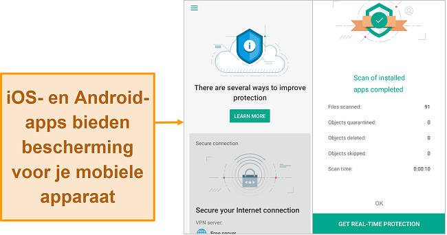Screenshot van Kaspersky Security Cloud op iOS in vergelijking met de Android-versie