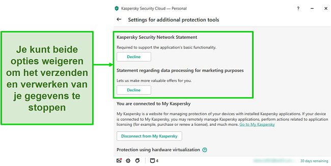 Schermafbeelding van Kaspersky-desktopopties voor het deactiveren van het verzamelen van persoonlijke gegevens.