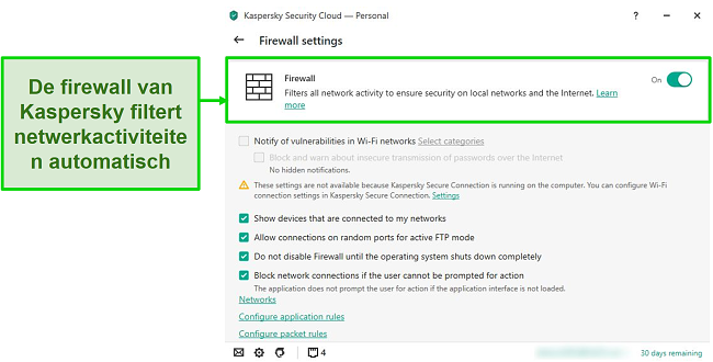 Screenshot van Kaspersky desktop firewall-instellingen waarmee u de regels en filters kunt aanpassen.