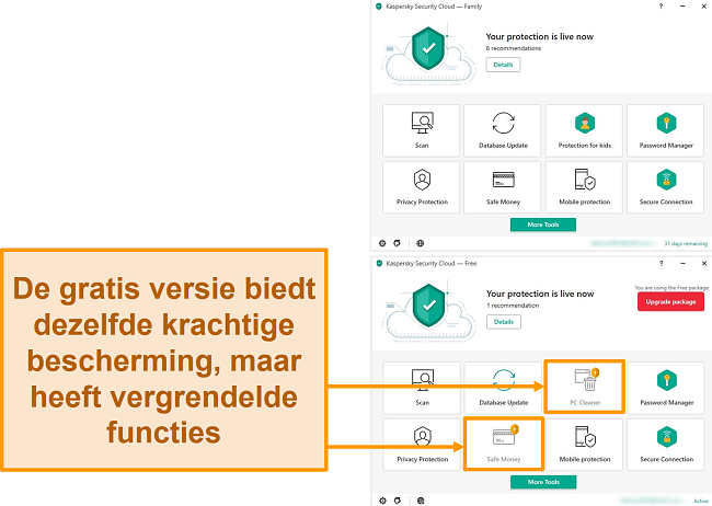 Schermafbeelding van Kaspersky Security Cloud Free-desktop met vergrendelde functies ten opzichte van een premiumversie.