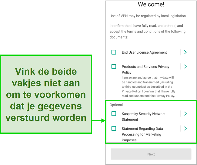 Schermafbeelding van de mobiele Kaspersky Antivirus-app met het afmeldingsscherm voor gegevensverzameling in het welkomstmenu.