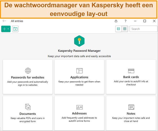 Schermafbeelding van het Kaspersky Password Manager-programma, met de keuze om wachtwoorden, bankpassen, adressen en documenten toe te voegen.