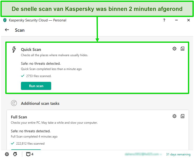 Schermafbeelding van het resultaatscherm van de snelle scan van Kaspersky Antivirus desktop-app.