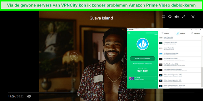 Screenshot van Amazon Prime Video die Guava Island streamt terwijl je bent ingelogd op een VPNCity-server in Australië