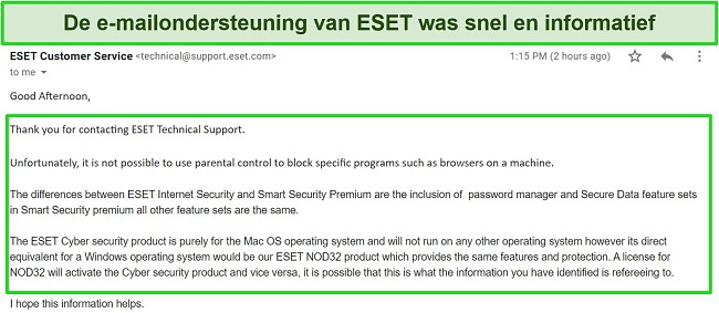 Screenshot van het antwoord van ESET's e-mailondersteuning