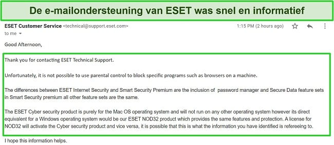 Screenshot van het antwoord van ESET's e-mailondersteuning