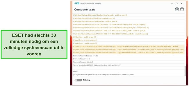 Screenshot van de volledige systeemscan van ESET