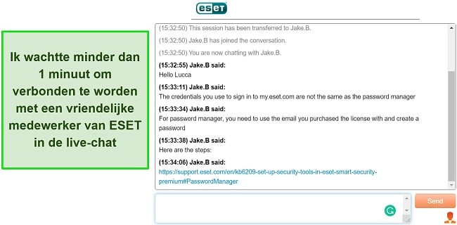 Screenshot van de live chat van ESET