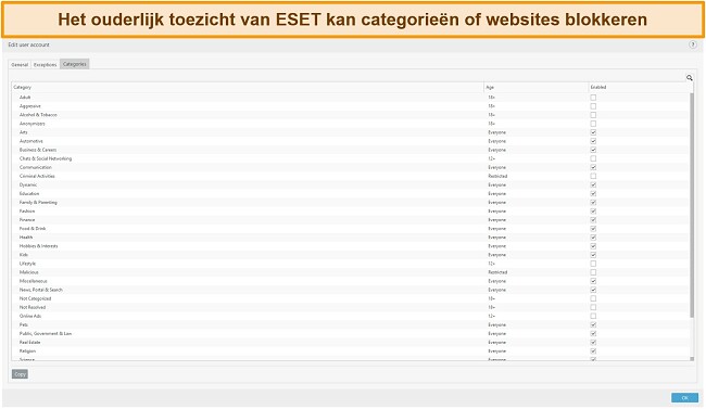 Screenshot van ESET's ouderlijk toezicht