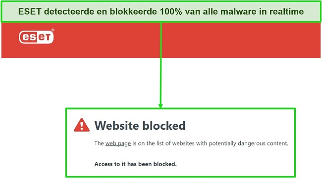 Screenshot van ESET-antivirus die potentieel gevaarlijke websites blokkeert
