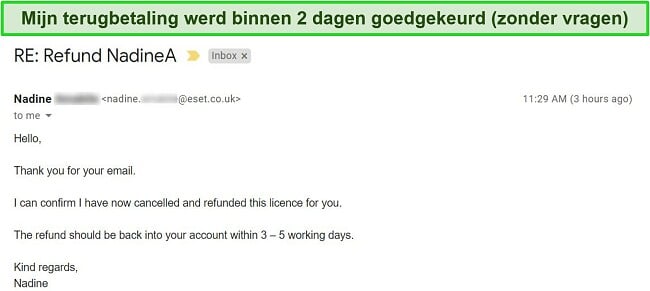 Screenshot van een goedkeuringsmail voor restitutie van ESET-ondersteuning