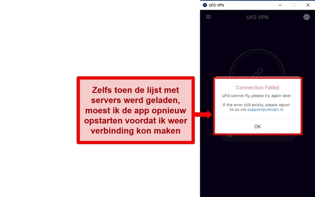 Screenshot van de verbindingsfout van UFO VPN