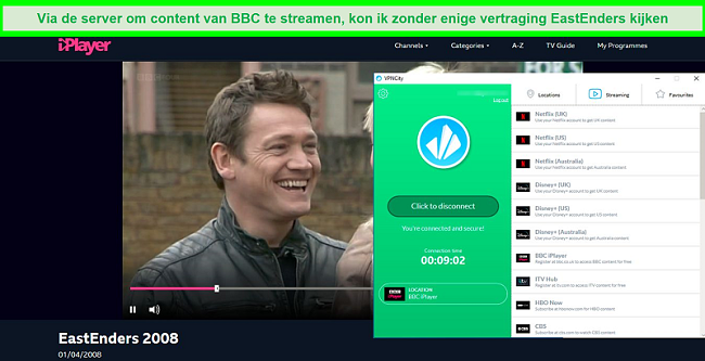 Screenshot van BBC iPlayer die EastEnders streamt terwijl deze is verbonden met de BBC iPlayer-streamingserver van VPN City