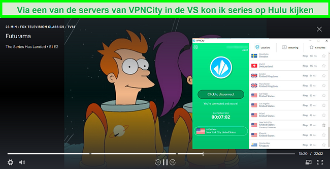 Screenshot van Futurama-streaming op Hulu terwijl VPNCity is verbonden met een server in New York City, VS.