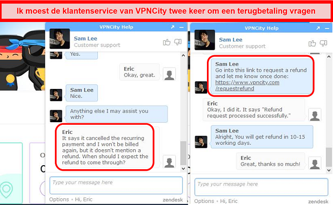 Screenshot van een gesprek met de livechat van VPNCity met het proces voor teruggaveverzoeken