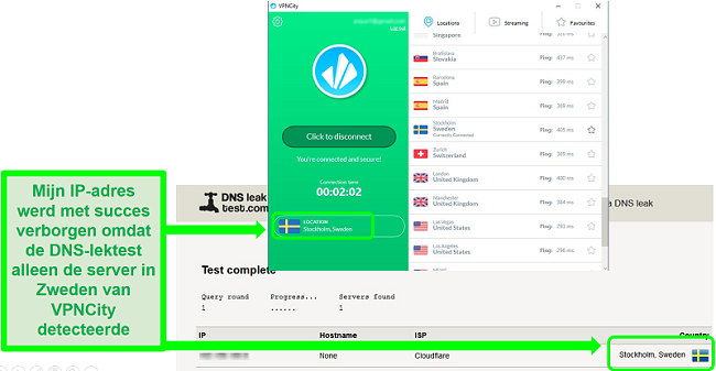 Screenshot van VPNCity verbonden met een Zweedse server en geslaagd voor een DNS-lektest