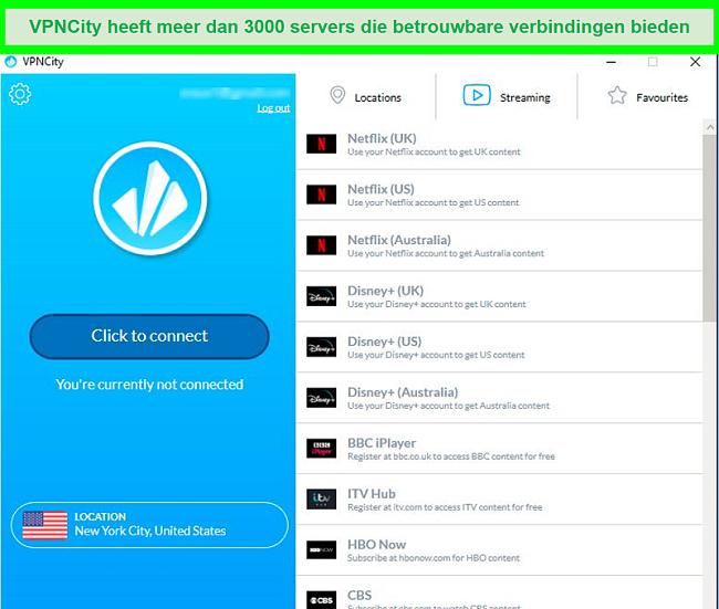 Screenshot van de gebruikersinterface van VPNCity met een lijst met streaming-servers