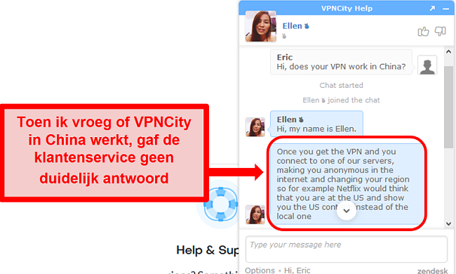 Screenshot van VPNCity.com's live chat-ondersteuning