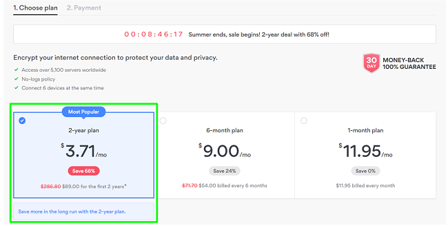 Screenshot van het NordVPN-tariefplan met $ 3,71 / maand voor een 2-jarig plan
