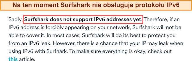 Zrzut ekranu przedstawiający oświadczenie Surfshark na swojej stronie internetowej, że nie obsługuje protokołu IPv6
