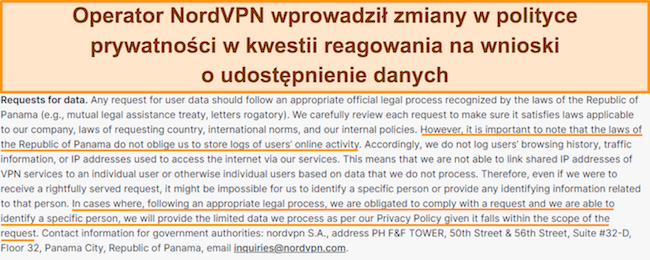 Zrzut ekranu przedstawiający politykę prywatności NordVPN stwierdzającą, że będzie on współpracować z władzami, gdy zostanie poproszony o podanie danych klienta