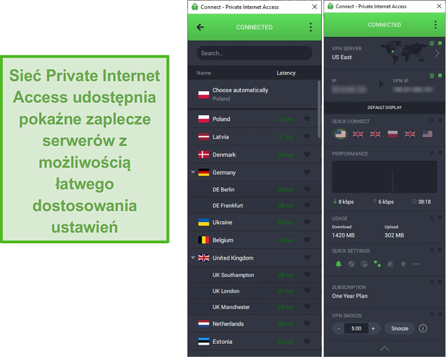 Zrzut ekranu przedstawiający listę serwerów PIA podczas połączenia z serwerem US East