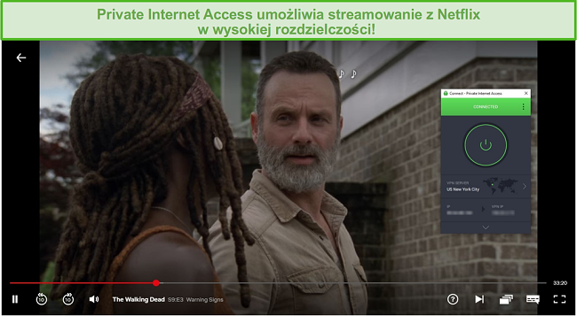 Zrzut ekranu przedstawiający odblokowanie PIA Netflix US i strumieniowe przesyłanie The Walking Dead