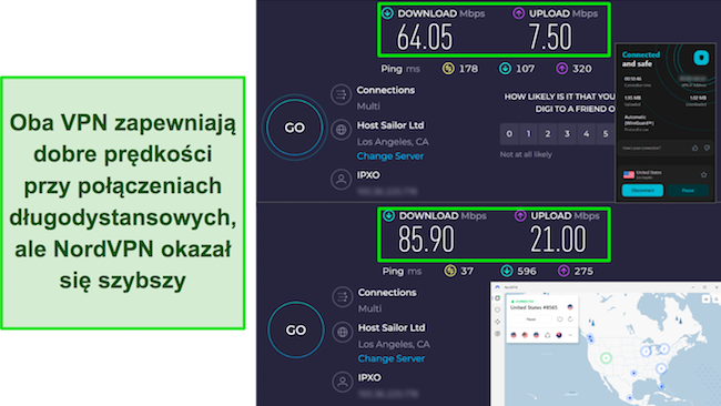 Zrzut ekranu przedstawiający wyniki testu szybkości serwera w Los Angeles porównującego NordVPN i Surfshark