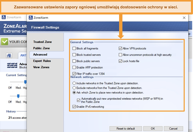 Zrzut ekranu zaawansowanych ustawień zapory ZoneAlarm.