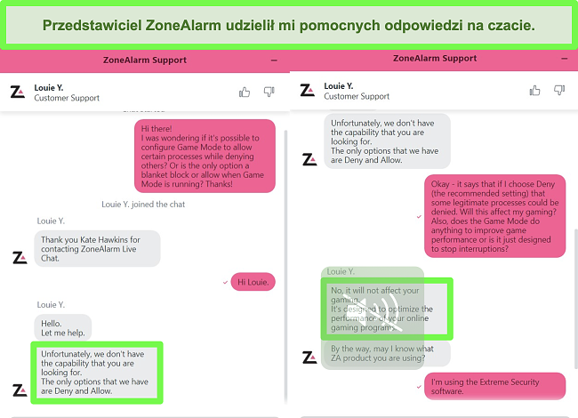 Zrzut ekranu przedstawiający agenta czatu na żywo ZoneAlarm, który odpowiada na pytanie.