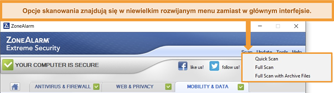 Zrzut ekranu przedstawiający lokalizację funkcji skanowania antywirusowego ZoneAlarm.