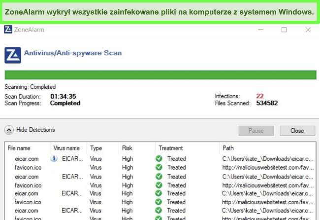 Zrzut ekranu pełnych wyników skanowania antywirusowego ZoneAlarm.
