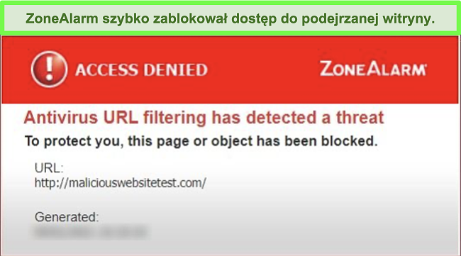 Zrzut ekranu wyskakującego powiadomienia ZoneAlarm „Odmowa dostępu”