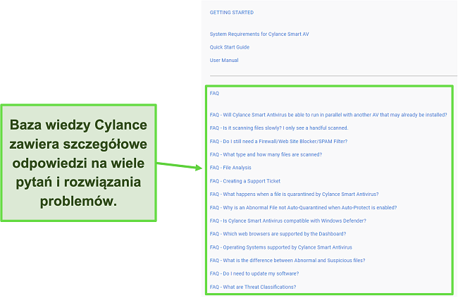 Zrzut ekranu bazy wiedzy Cylance z często zadawanymi pytaniami.