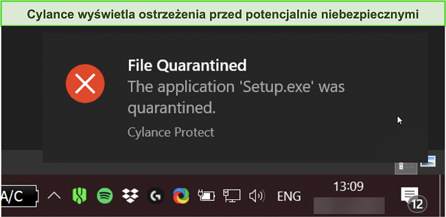 Zrzut ekranu z ostrzeżeniem o wykryciu złośliwego oprogramowania firmy Cylance.