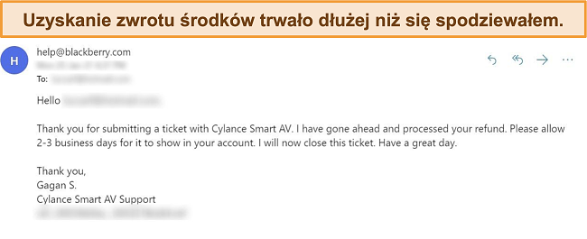 Zrzut ekranu z odpowiedzią e-mail firmy Cylance na wniosek o zwrot pieniędzy.