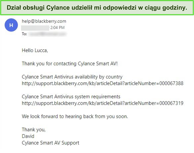 Zrzut ekranu wiadomości e-mail obsługi klienta od firmy Cylance.