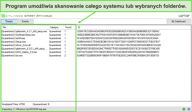 Zrzut ekranu ze skanowania i wyników systemu Cylance.