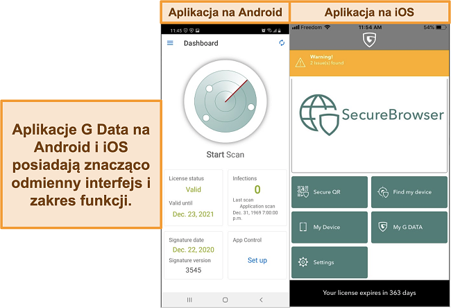 Zrzut ekranu aplikacji G Data na Androida i iOS