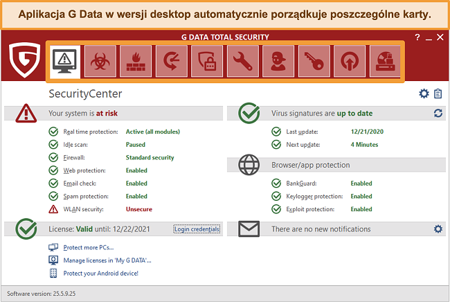 Zrzut ekranu aplikacji komputerowej G Data