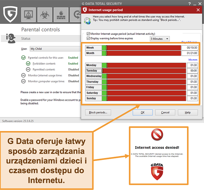 Zrzut ekranu ustawień kontroli rodzicielskiej G Data