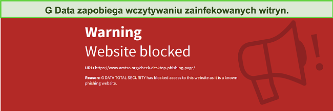 Zrzut ekranu przedstawiający G Data blokujący dostęp do złośliwej witryny
