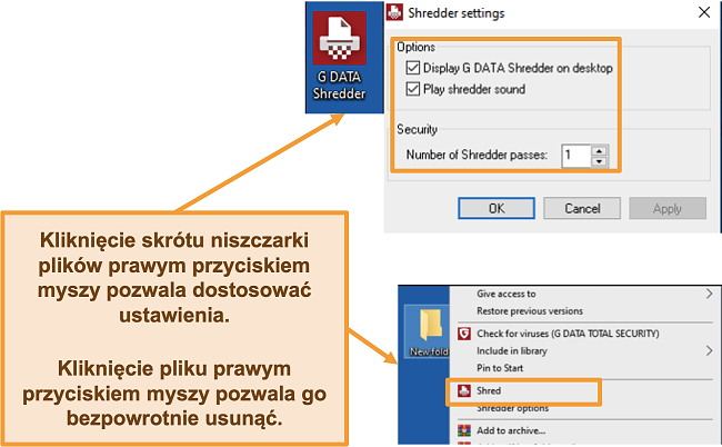 Zrzut ekranu ustawień programu G Data Shredder