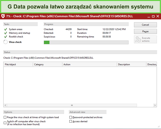 Zrzut ekranu przedstawiający trwające skanowanie w poszukiwaniu wirusów G Data