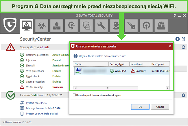 Zrzut ekranu przedstawiający G Data zgłaszający niezabezpieczone połączenie Wi-Fi