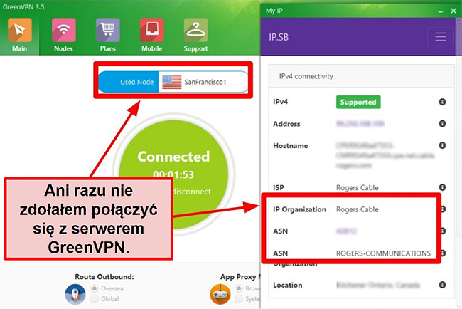  Zrzut ekranu interfejsu GreenVPN pokazujący połączenia z serwerem i ustawienia IP