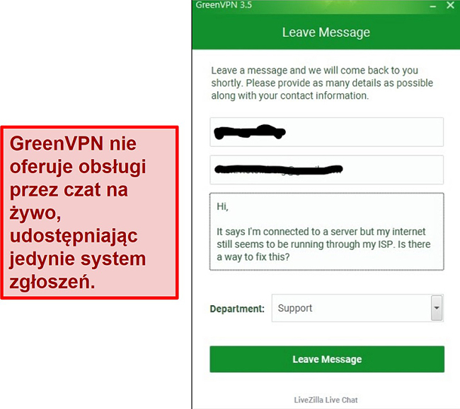 Zrzut ekranu ekranu wsparcia GreenVPN