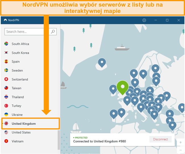 Zrzut ekranu przedstawiający NordVPN połączony z serwerem w Wielkiej Brytanii.